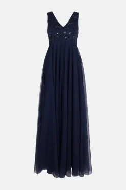 Clearance Oasis Beaded Flower V Plunge Tulle Maxi Dress Navy