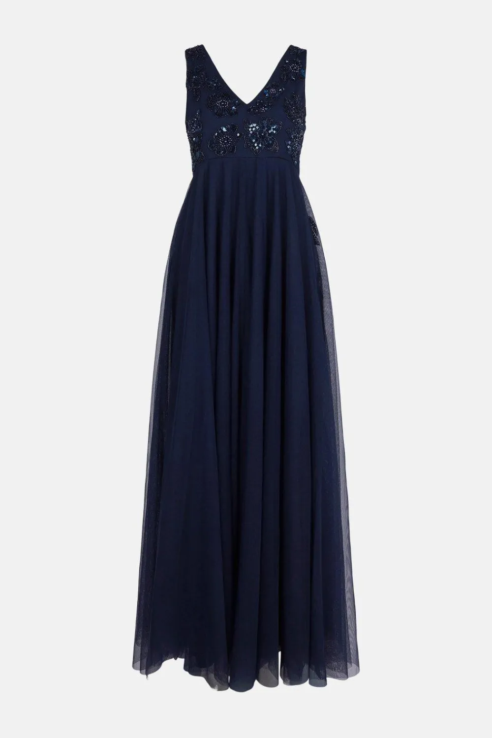 Clearance Oasis Beaded Flower V Plunge Tulle Maxi Dress Navy