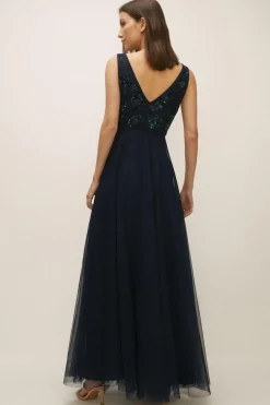 Clearance Oasis Beaded Flower V Plunge Tulle Maxi Dress Navy