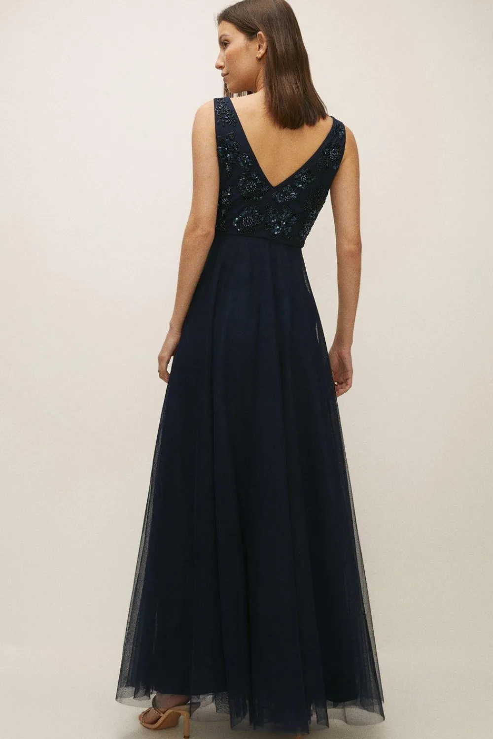 Clearance Oasis Beaded Flower V Plunge Tulle Maxi Dress Navy