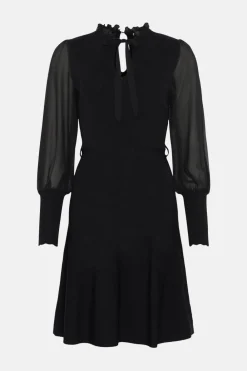 Outlet Oasis Belted Chiffon Blouson Sleeve Knitted Dress Black
