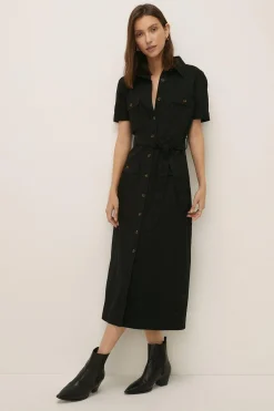Online Oasis Belted Cotton Twill Midi Dress Black
