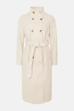 New Oasis Belted Top Stitch Funnel Neck Coat Oatmeal