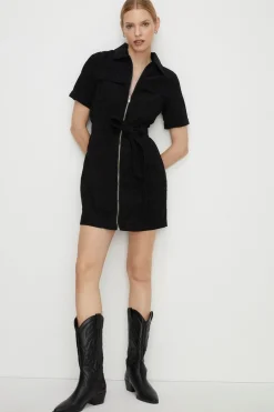 Hot Oasis Belted Zip Through Cord Dress Black