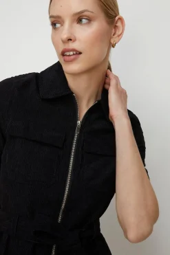 Hot Oasis Belted Zip Through Cord Dress Black