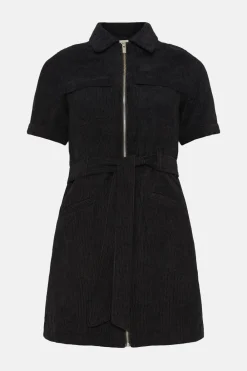 Hot Oasis Belted Zip Through Cord Dress Black