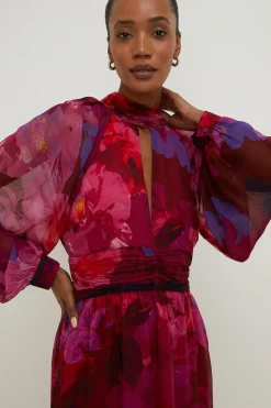 Best Oasis Blurred Floral Cut Out Chiffon Midi Dress Berry