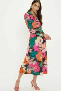 Best Oasis Blurred Floral Ruched Front Midi Shirt Dress Black