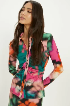 Clearance Oasis Blurred Floral Ruched Front Shirt Black