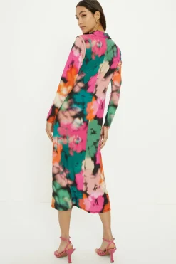 Best Oasis Blurred Floral Ruched Front Midi Shirt Dress Black