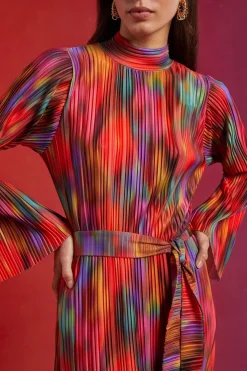 Outlet Oasis Blurred Print Plisse Belted Midi Dress Multi