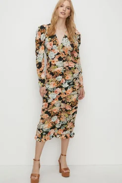 New Oasis Bold Floral All Over Ruched Midi Dress Black