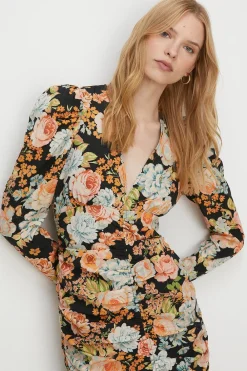 New Oasis Bold Floral All Over Ruched Midi Dress Black