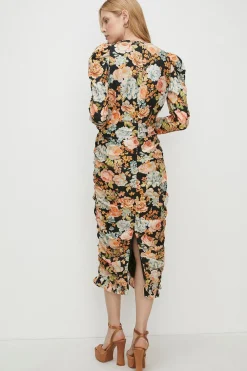New Oasis Bold Floral All Over Ruched Midi Dress Black