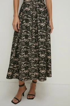 Clearance Oasis Bonded Lace Full Skirted Midi Skirt Black
