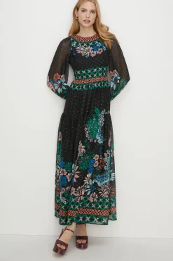 Fashion Oasis Border Floral Metallic Chiffon Midi Dress Black