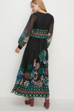 Fashion Oasis Border Floral Metallic Chiffon Midi Dress Black