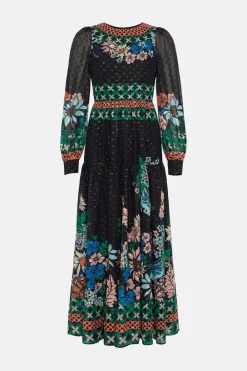Fashion Oasis Border Floral Metallic Chiffon Midi Dress Black