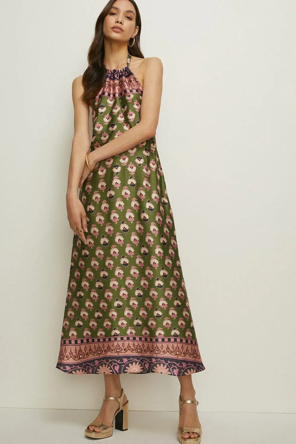 Clearance Oasis Border Placement Printed Halter Midi Dress Khaki