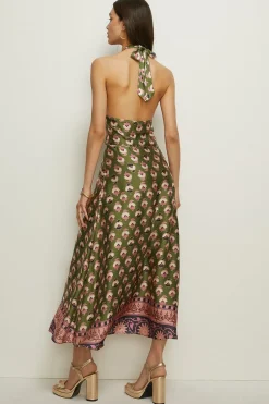 Clearance Oasis Border Placement Printed Halter Midi Dress Khaki