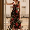 Outlet Oasis Bow Floral Printed Ruched Front Dress Black