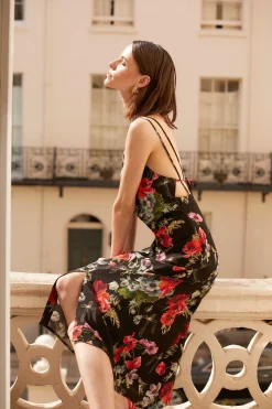 Outlet Oasis Bow Floral Printed Ruched Front Dress Black