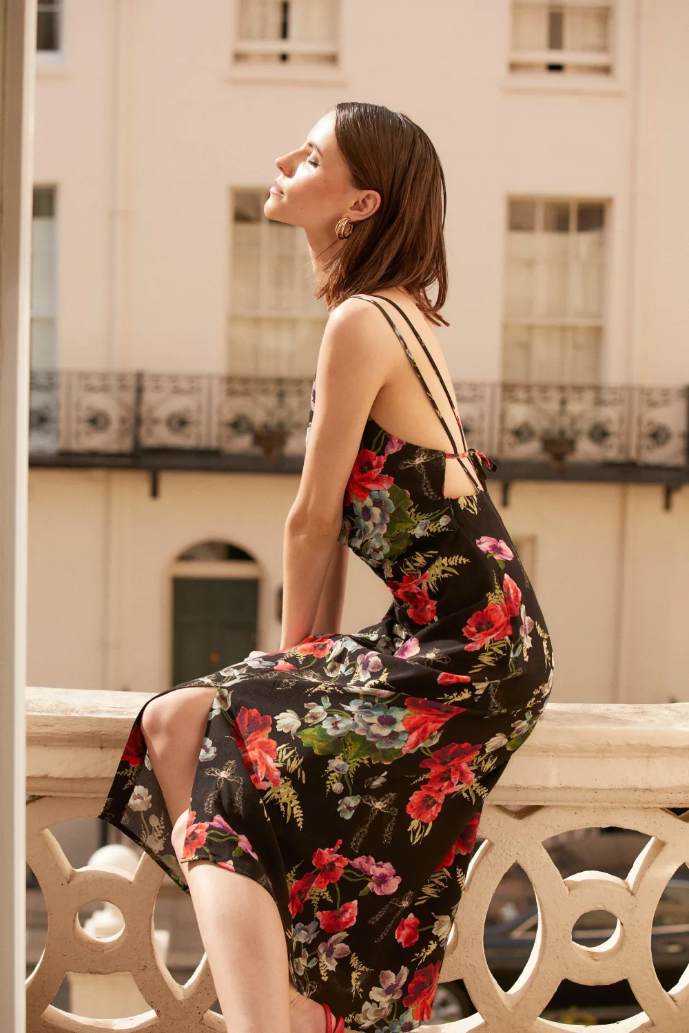 Outlet Oasis Bow Floral Printed Ruched Front Dress Black