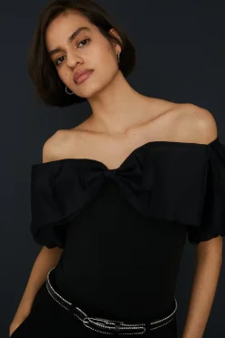 Hot Oasis Bow Organza Puff Sleeve Bodysuit Black