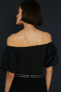 Hot Oasis Bow Organza Puff Sleeve Bodysuit Black