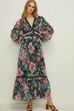 Outlet Oasis Bright Beaded Frill Midaxi Dress Floral