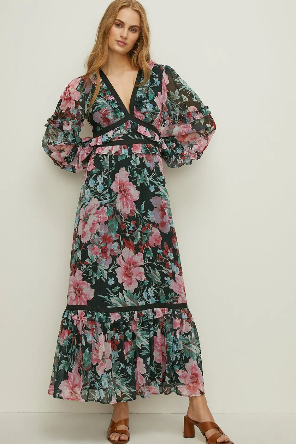 Outlet Oasis Bright Beaded Frill Midaxi Dress Floral