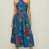 Outlet Oasis Bright Floral Knot Detail Scuba Midi Dress Blue