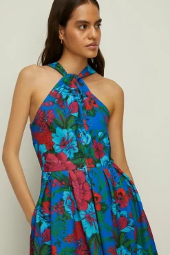 Outlet Oasis Bright Floral Knot Detail Scuba Midi Dress Blue