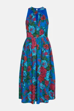 Outlet Oasis Bright Floral Knot Detail Scuba Midi Dress Blue