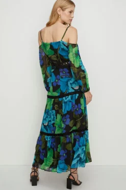New Oasis Bright Floral Lace Cold Shoulder Maxi Dress Black