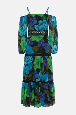 New Oasis Bright Floral Lace Cold Shoulder Maxi Dress Black