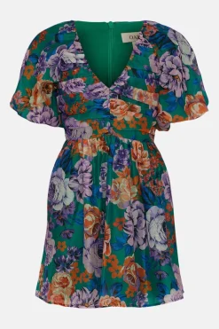 Best Oasis Bright Floral Organza Ruched V Skater Dress Bright Green