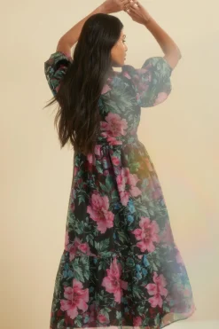 Fashion Oasis Bright Floral Organza Wrap Midi Dress Black