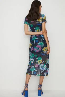 Fashion Oasis Bright Floral Ruched Mesh Midi Dress Black