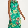 Best Oasis Bright Floral Satin Burnout Halter Midi Dress Bright Green