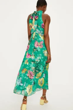 Best Oasis Bright Floral Satin Burnout Halter Midi Dress Bright Green