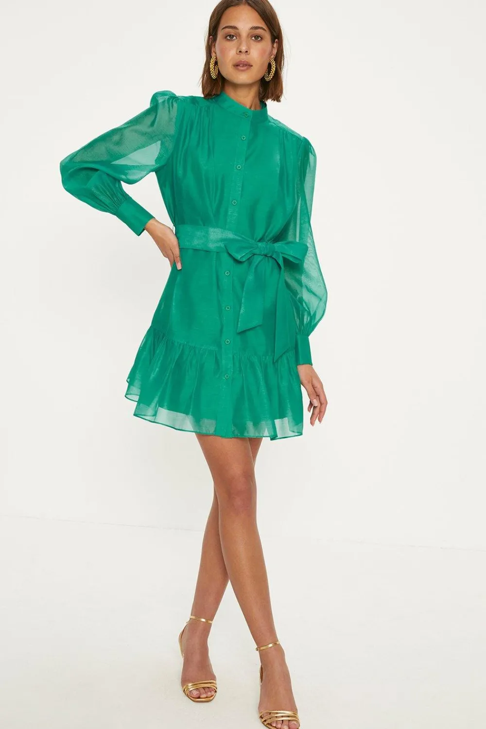 Sale Oasis Bright Organza Belted Mini Shirt Dress Bright Green