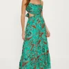 New Oasis Bright Paisley Poplin Ruched Midi Dress Bright Green