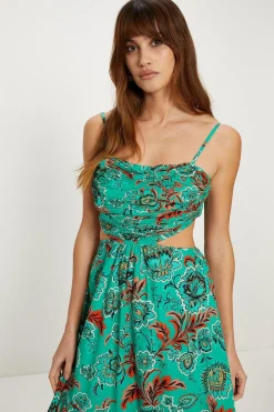 New Oasis Bright Paisley Poplin Ruched Midi Dress Bright Green