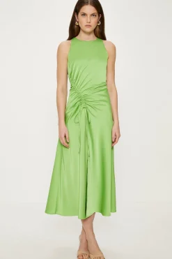 Best Oasis Bright Ruched Side Satin Midi Dress Apple Green