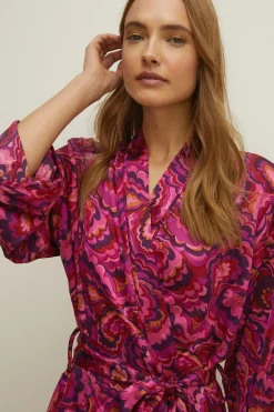 Sale Oasis Bright Swirl Printed Satin Robe Hot Pink