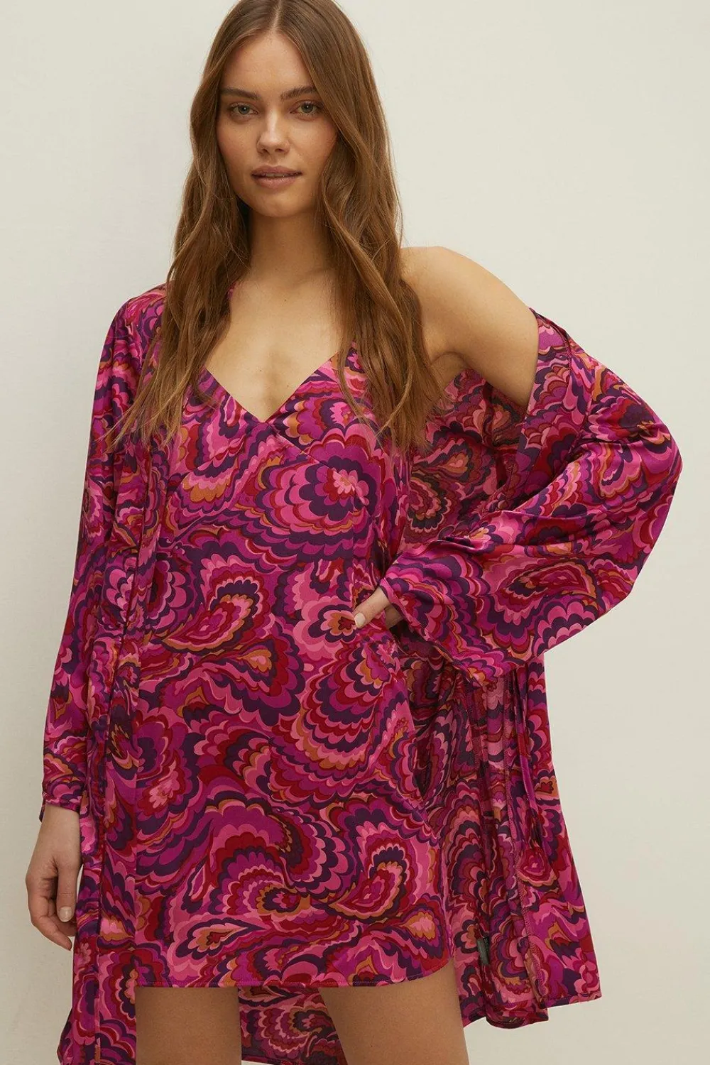 New Oasis Bright Swirl Printed Satin Chemise Hot Pink