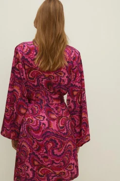 Sale Oasis Bright Swirl Printed Satin Robe Hot Pink