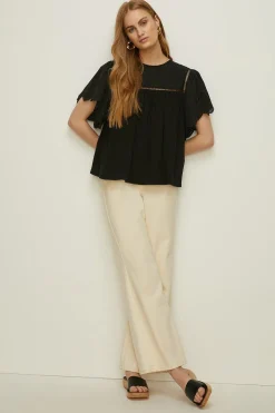 Discount Oasis Broderie Angel Sleeve T-Shirt Black