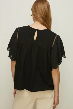 Discount Oasis Broderie Angel Sleeve T-Shirt Black